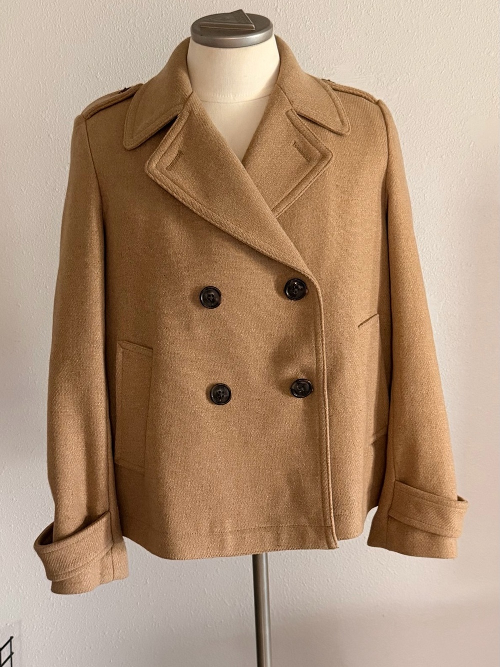 GAP Camel Double-Breasted Wool Blend Lanifico Nello Gori Peacoat Large